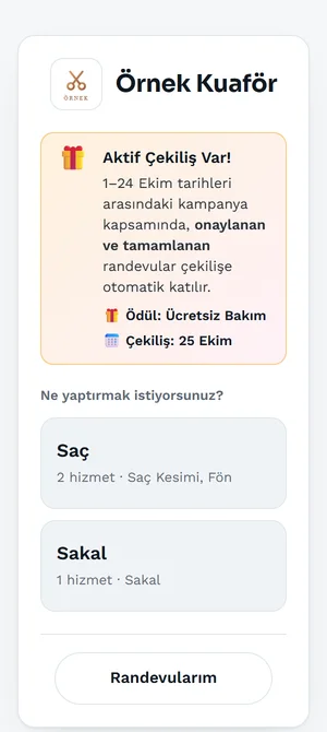 Online randevu sayfasında aktif çekiliş duyurusu: tarihler, ödül, çekiliş günü ve yalnız onaylanan ve tamamlanan randevuların katıldığı bilgisi