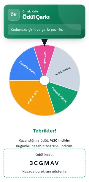 Ödül çarkı müşteri ekranı: çevrilen çark, kazanılan ödül ve kasada gösterilecek ödül kodu