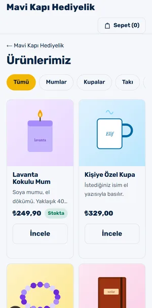 Örnek bir hediyelik dükkânının telefonda ürün kataloğu: kategoriler, ürün fotoğrafları, TL fiyatlar, stok durumu ve Sepete Ekle düğmeleri
