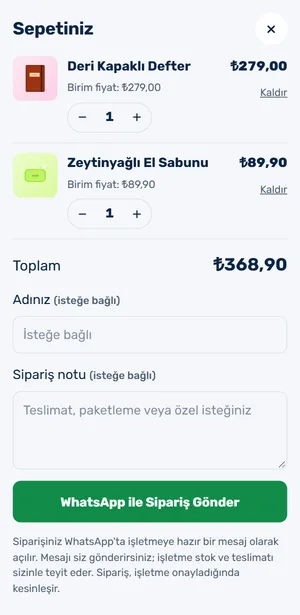 Telefonda açık sepet: iki ürün, adetler, toplam tutar, isteğe bağlı ad ve sipariş notu, WhatsApp ile Sipariş Gönder düğmesi